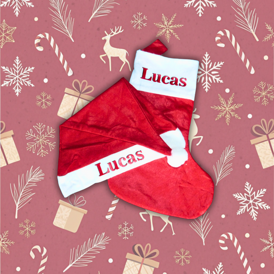 Calcetín y gorro de Papá Noel personalizado con nombre