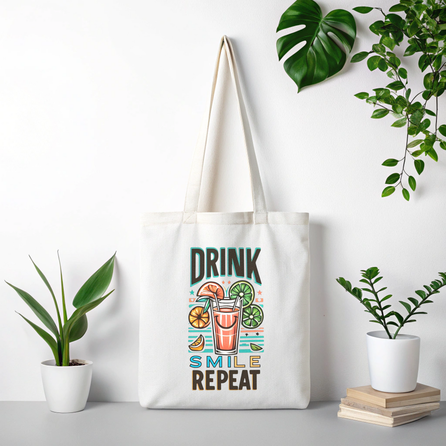 Bolsa de tela "Drink, smile, repeat"